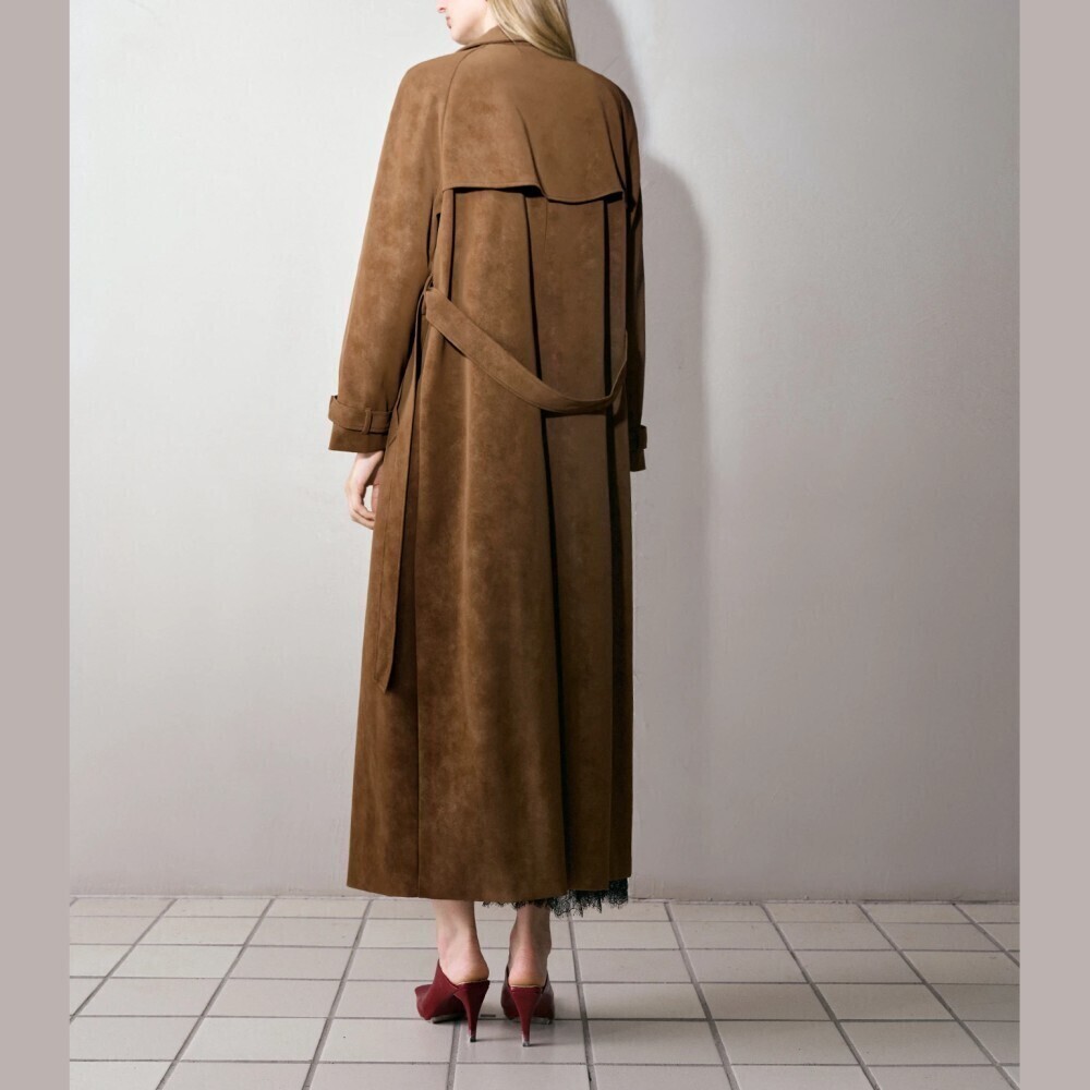 Brown Vegan Suede Belted Trench Coat - Picture 4 of 7